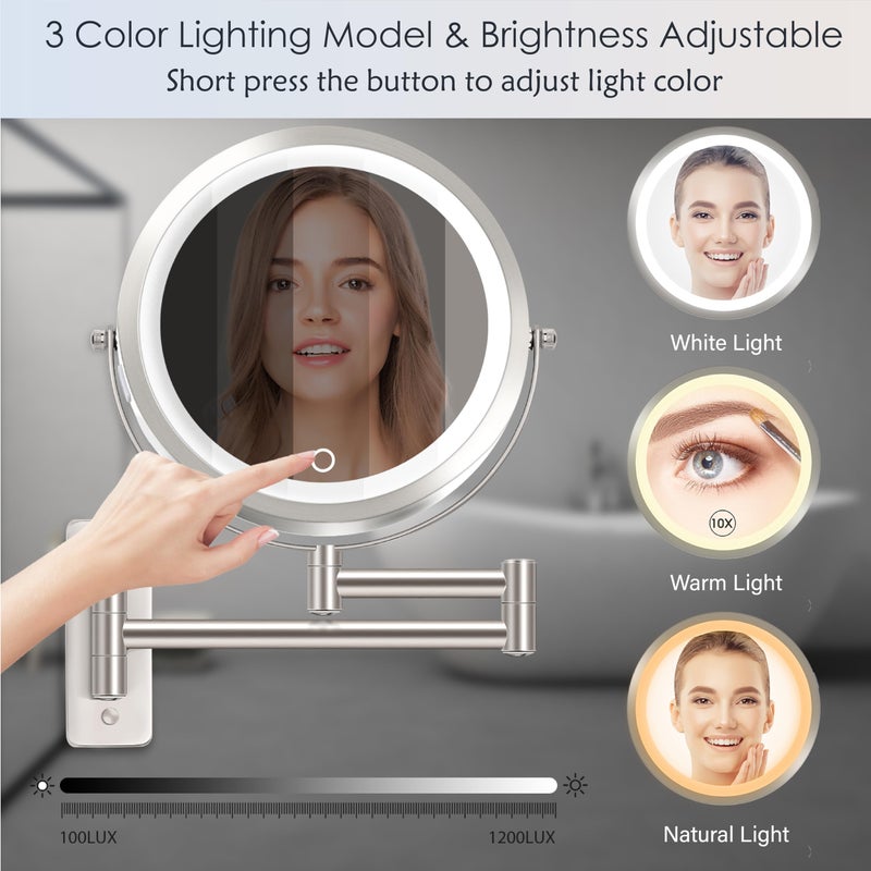 VESAUR 9"" 4000mAh Rechargeable Wall Mounted Lighted Makeup Mirror Nickel  1X/10X HD Undistorted Magnifying Mirror with 3 Color Lights Dimmable  360 Swivel Seamless Shaving Vanity Mirror 17"" Extendable Arm - Image 4
